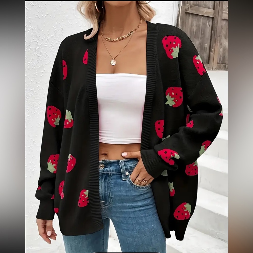 Strawberry Cardigan Sweater Size 0X Black Red Green Fruit Open Front